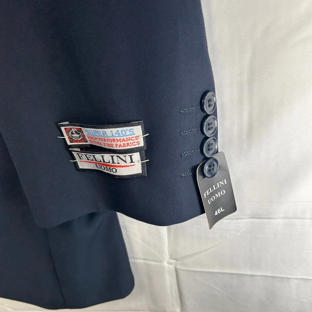 Fellini Uomo Sport Coat Mens 46L Navy Blue Super 140s Wool‎ Blazer SB-2